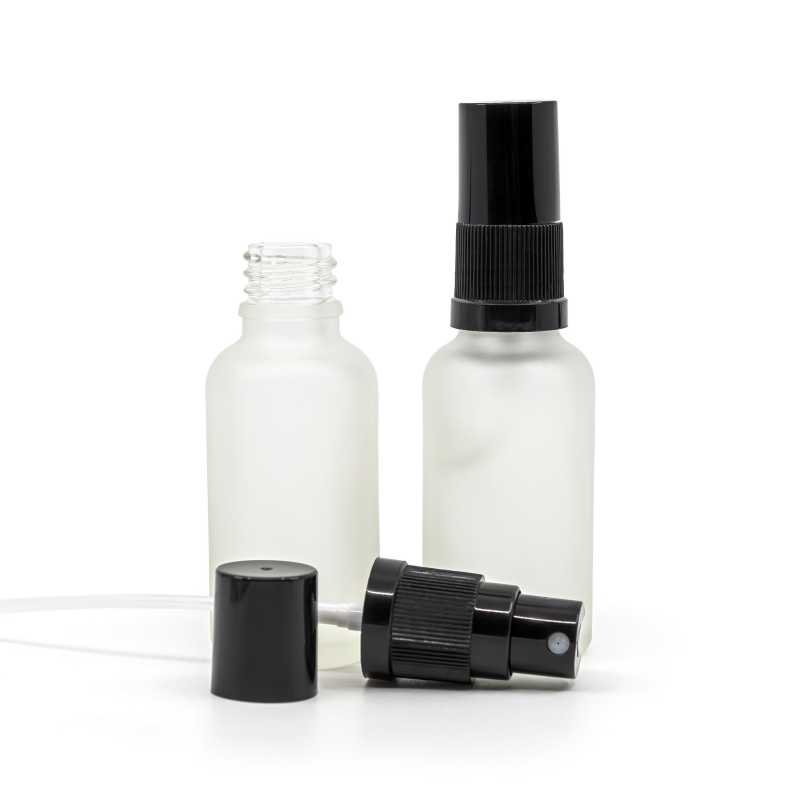 Skleněná lahvička, průhledná mléčná, černý sprej, černý vršek, 30 ml