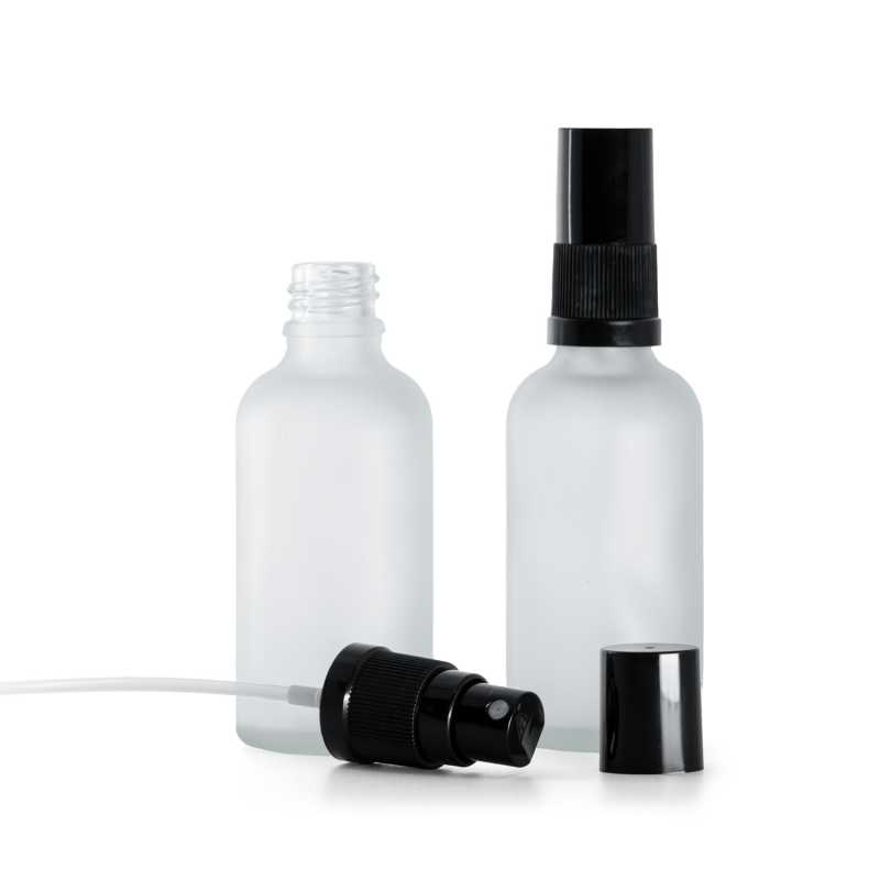 Skleněná láhev, průhledná mléčná, černý rozprašovač, černý vršek, 50 ml