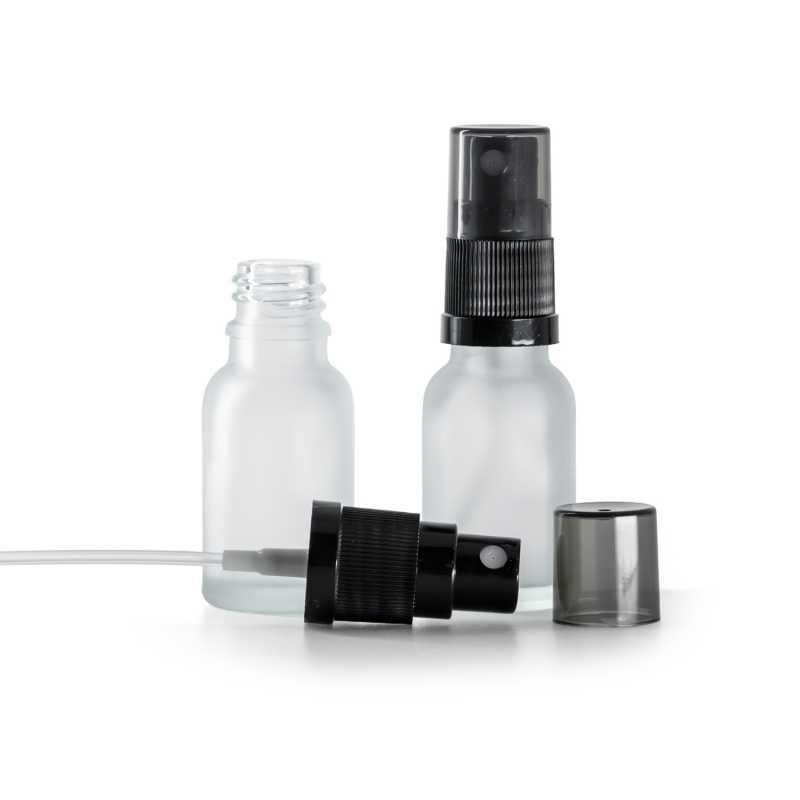 Skleněná lahvička, průhledná matná, černý rozprašovač, dýmový vrch, 15 ml