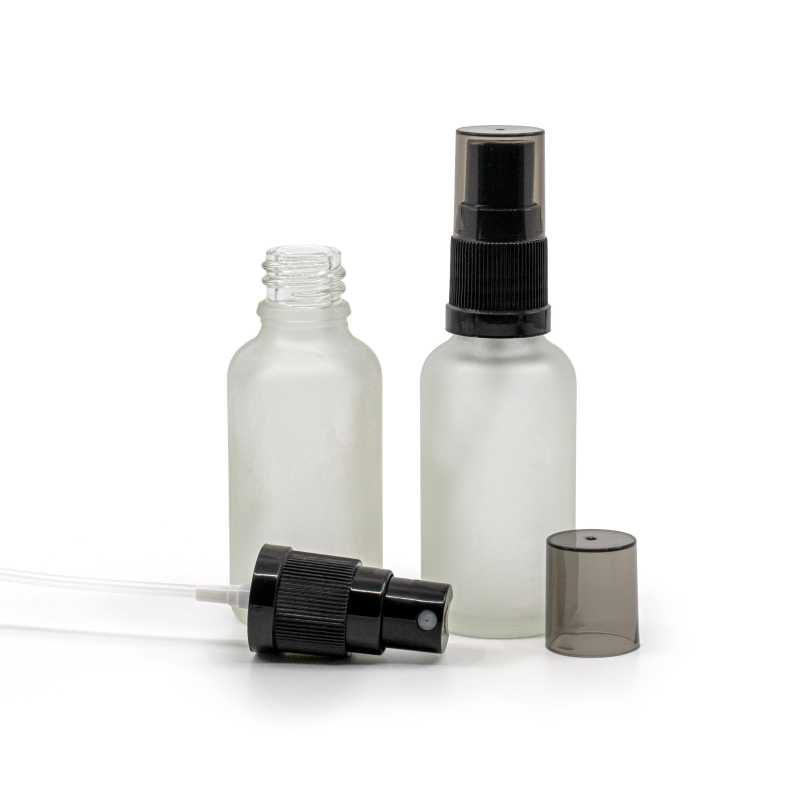 Skleněná lahvička, průhledná mléčná, černý rozprašovač, dýmový kryt, 30 ml