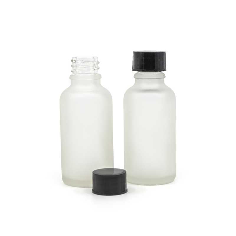 Skleněná lahvička, průhledná mléčná, černý vršek, 30 ml