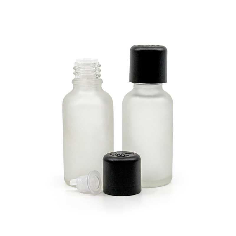 Skleněná lahvička, průhledná mléčná, černé víčko s bezpečnostní pojistkou, 30 ml