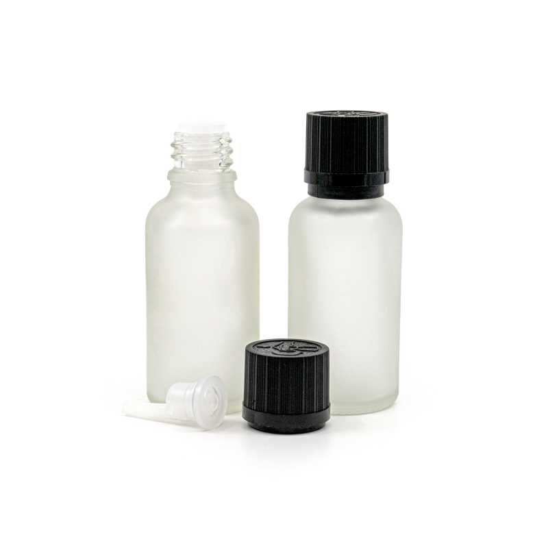 Skleněná láhev, průhledná mléčná, černé vroubkované víčko s bezpečnostním zámkem, 30 ml