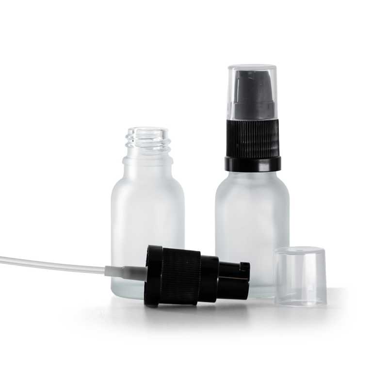 Skleněná lahvička, čirá matná, dávkovač krému, 15 ml