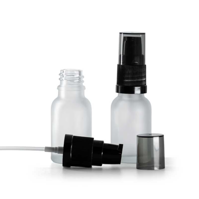 Skleněná lahvička, průhledná matná, dávkovač krémů s dýmovým krytem, 15 ml
