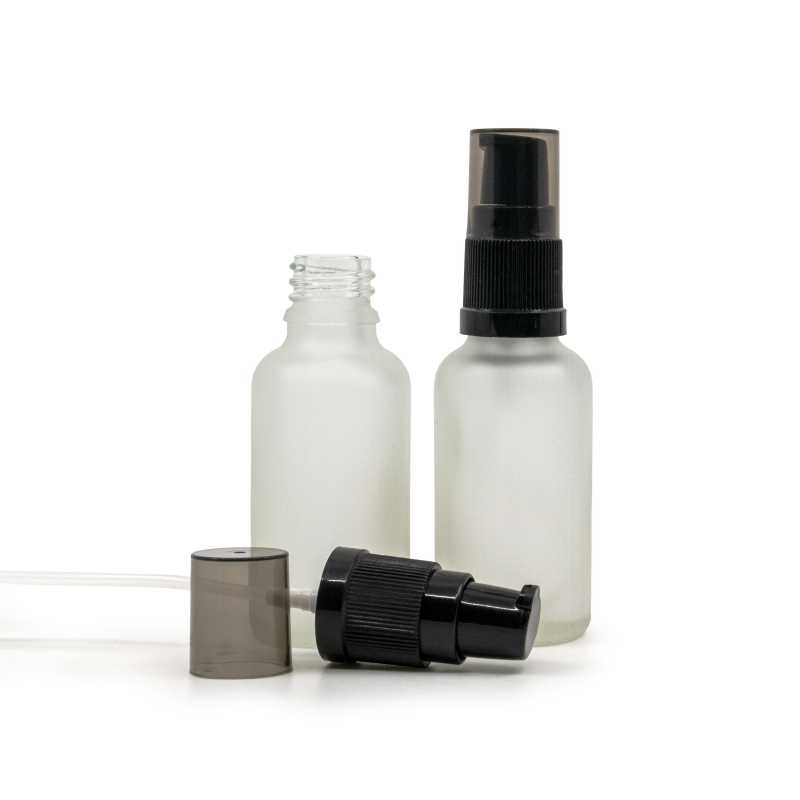 Skleněná lahvička, průhledná matná, dávkovač krémů s dýmovým krytem, 30 ml