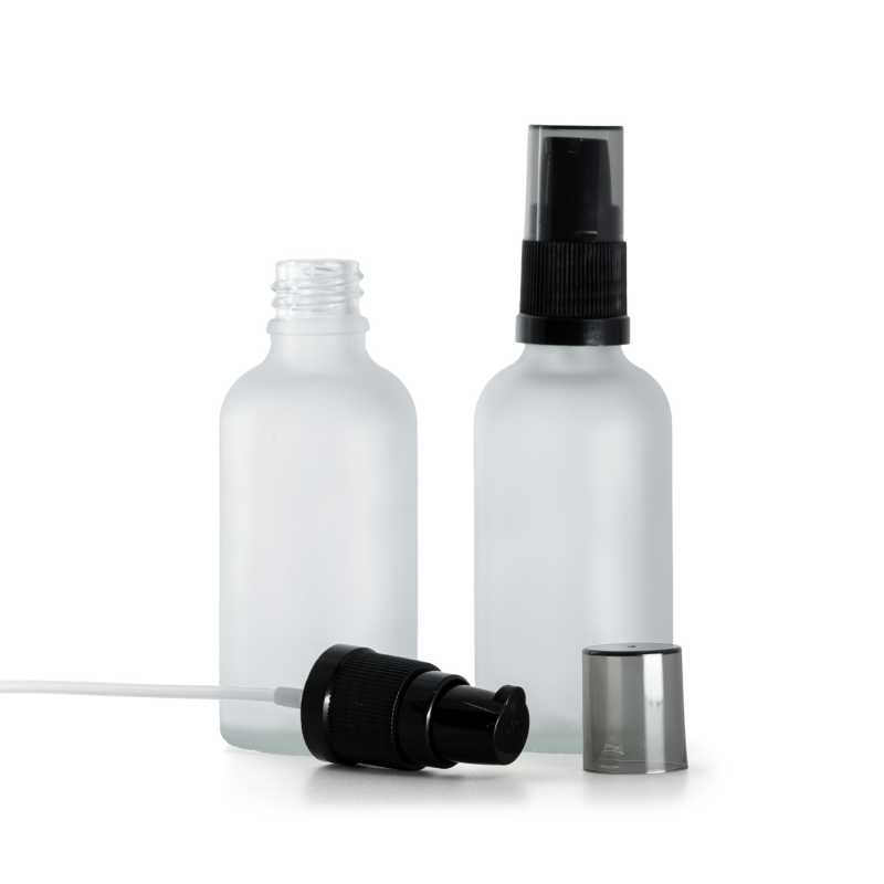 Skleněná lahvička, průhledná matná, dávkovač krémů s dýmovým krytem, 50 ml