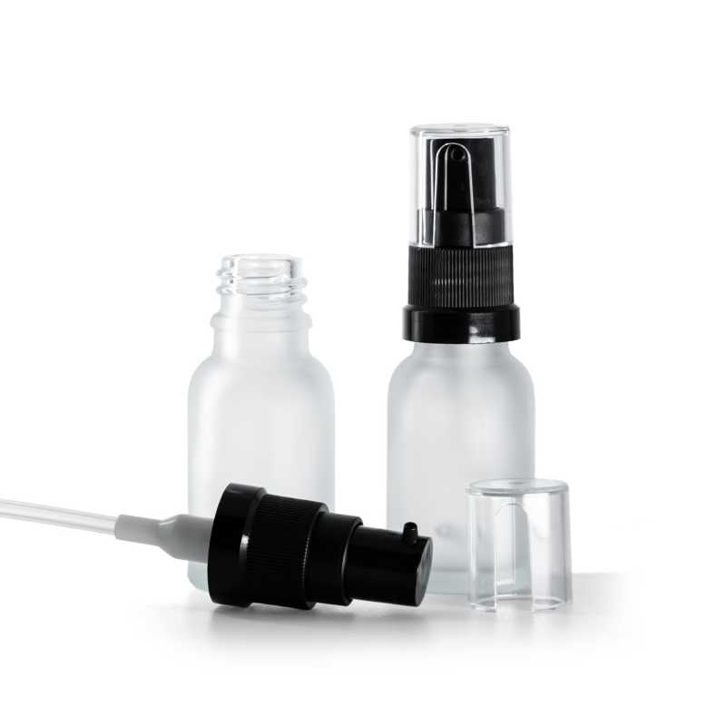 Skleněná lahvička čirá matná, olejová pumpička, 15 ml