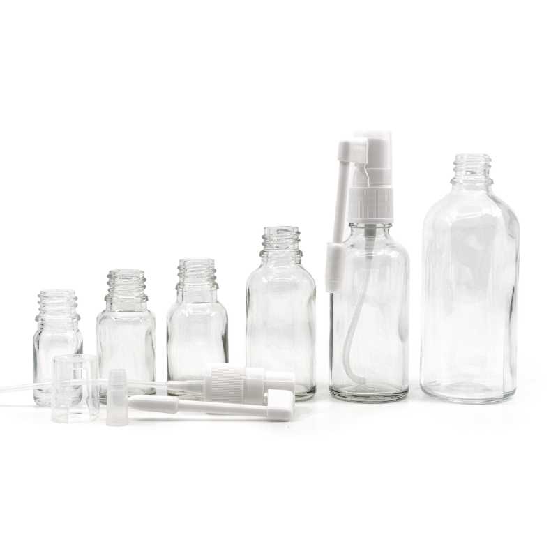 Skleněná láhev, průhledná, sprej do hrdla, 10 ml