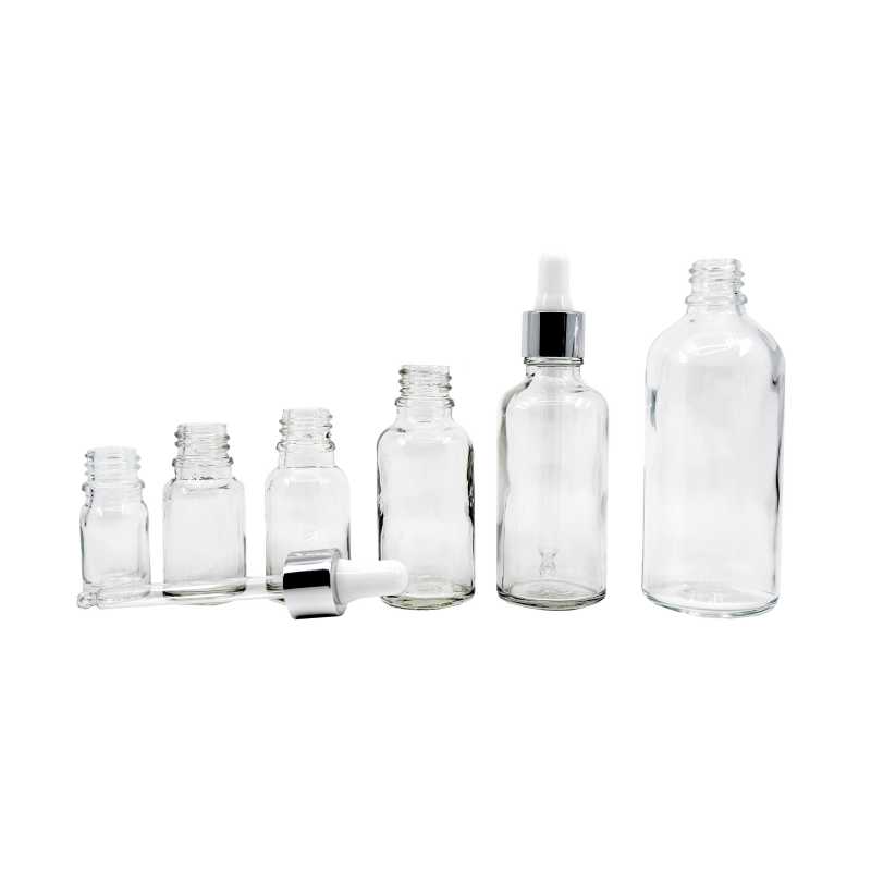 Skleněná lahvička, průhledná, stříbrné kapátko, 50 ml