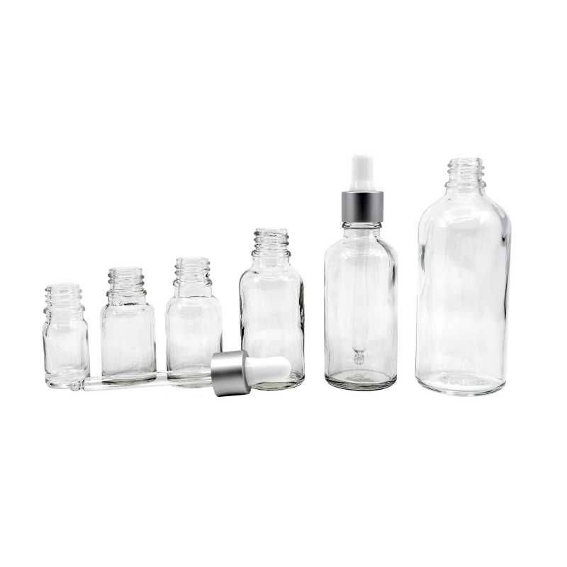 Skleněná lahvička, průhledná, stříbrné matné kapátko, 15 ml