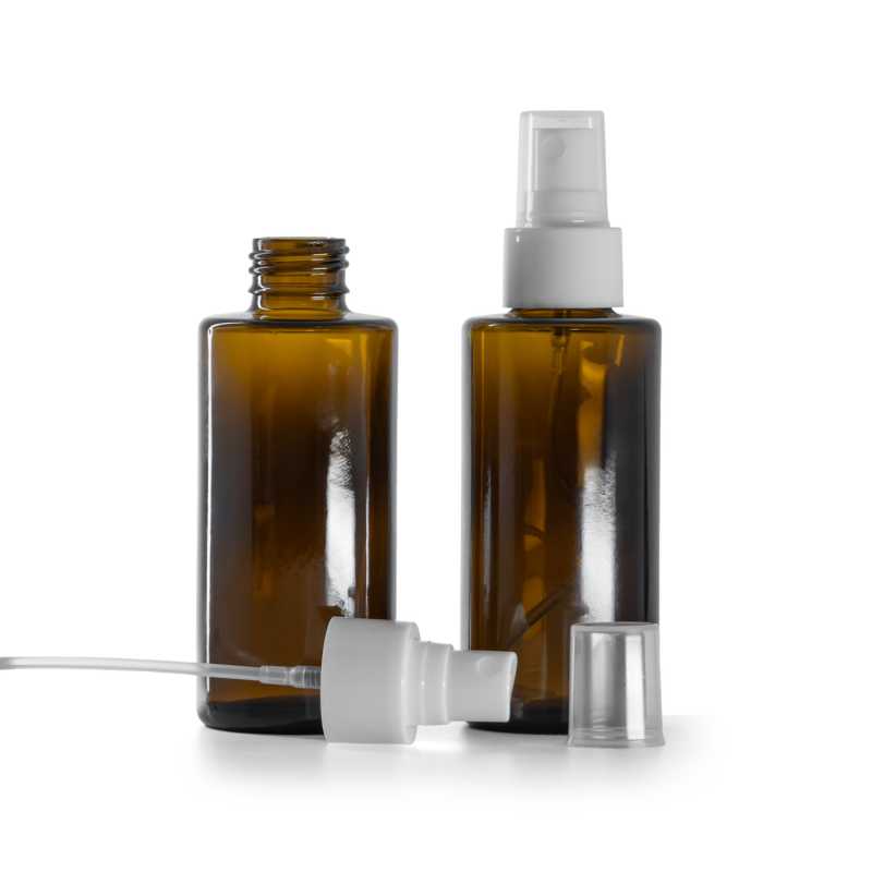Hnědá skleněná lahvička, rovné hrdlo, 24 mm, bílý rozprašovač s jemnou mlhou, 100 ml