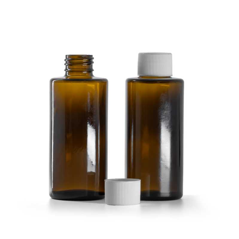 Hnědá skleněná lahvička, rovné hrdlo, 24 mm, bílý uzávěr, 100 ml