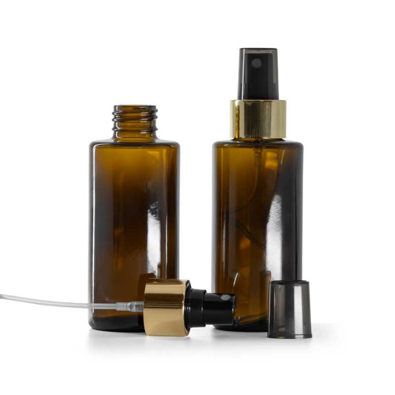 Hnědá skleněná lahvička, rovné hrdlo, 24 mm, černý rozprašovač s lesklým zlatým kroužkem, 100 ml