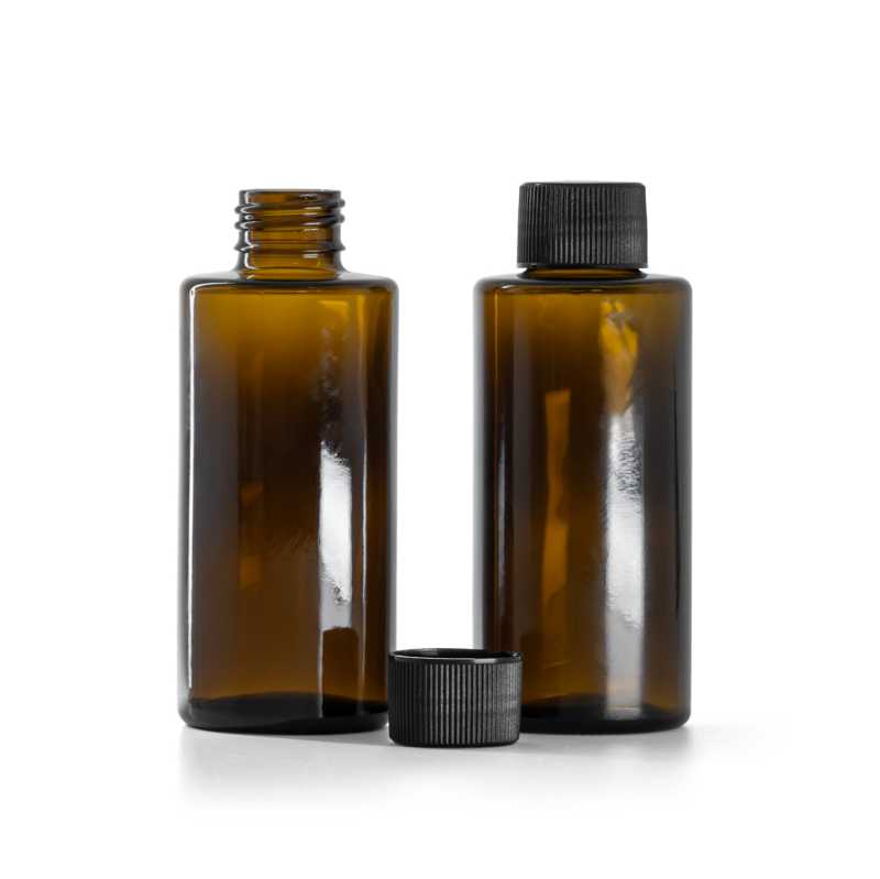 Skleněná lahvička, rovné hrdlo, 24 mm, černý rýhovaný uzávěr, 100 ml