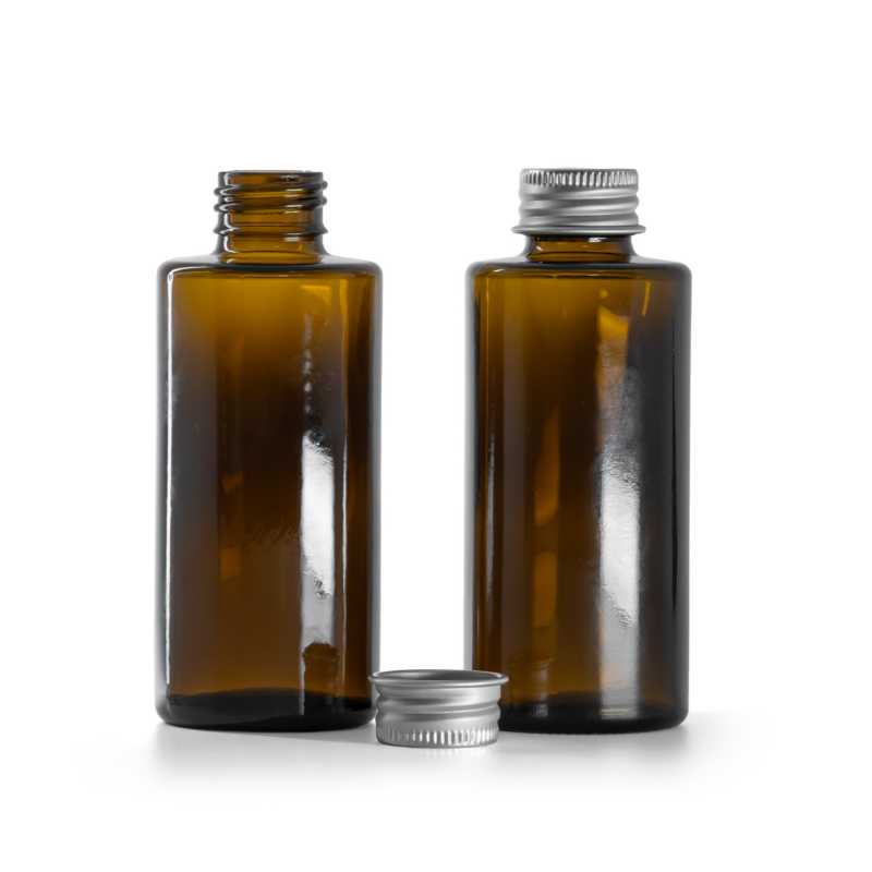 Hnědá skleněná lahvička, rovné hrdlo, 24 mm, hliníkový stříbrný uzávěr, 100 ml