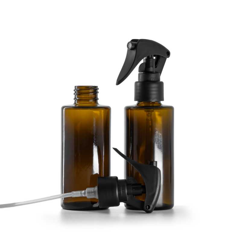 Skleněná lahvička z hnědého skla, rovné hrdlo, 24 mm, mini spoušťový rozprašovač, matná černá, hladk