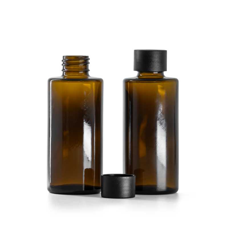 Hnědá skleněná lahvička s rovným hrdlem 24 mm s matně černým plastovým uzávěrem 100 ml