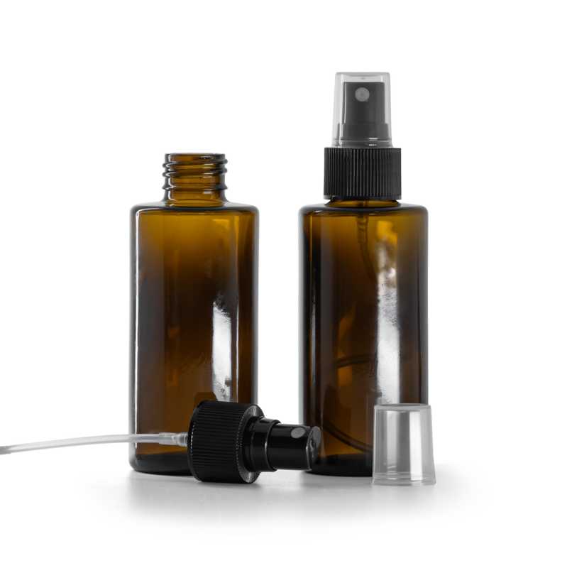 Hnědá skleněná lahvička, rovné hrdlo, 24 mm, černý rozprašovač, 100 ml