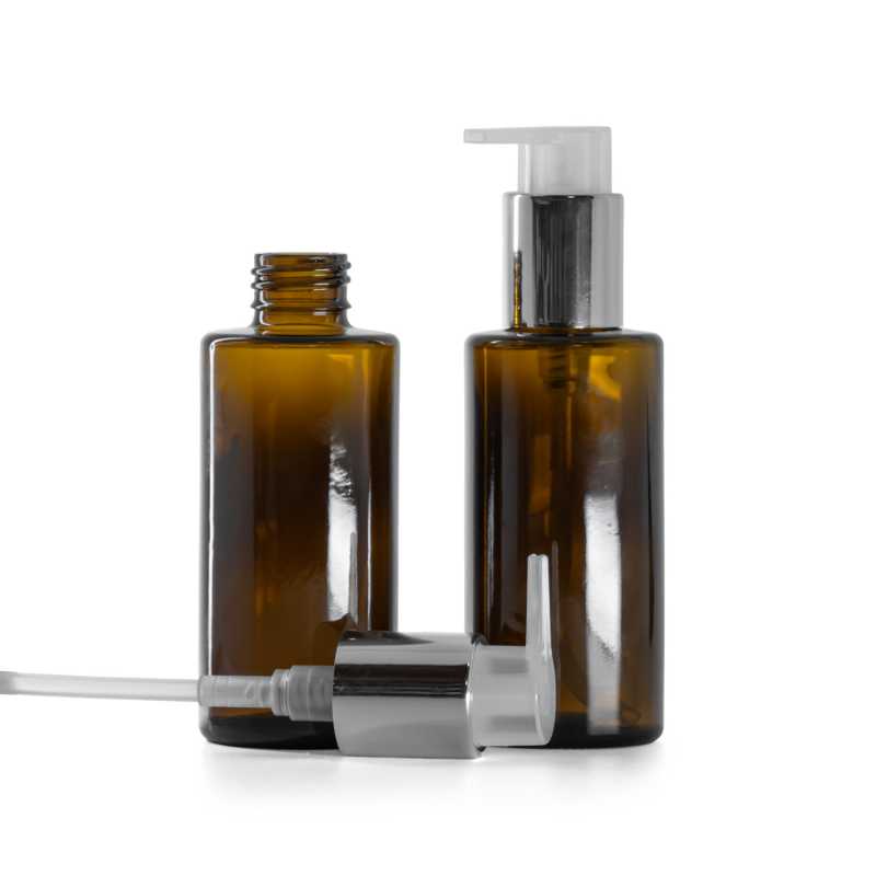 Hnědá skleněná lahvička, rovné hrdlo, 24 mm, stříbrný dávkovač, 100 ml