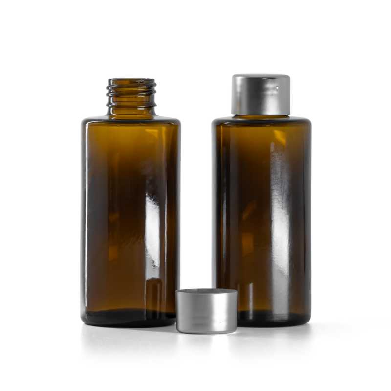 Hnědá skleněná lahvička, rovné hrdlo, 24 mm, stříbrné víčko, 100 ml