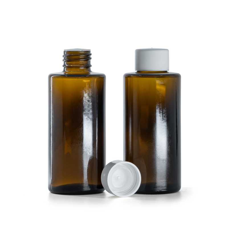 Hnědá skleněná lahvička, rovné hrdlo, 24 mm, hladké bílé víčko s kapátkem, 100 ml