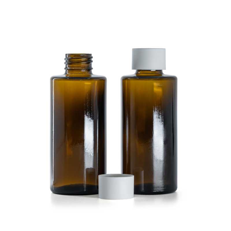 Hnědá skleněná lahvička, rovné hrdlo, 24 mm, matně bílý uzávěr, 100 ml