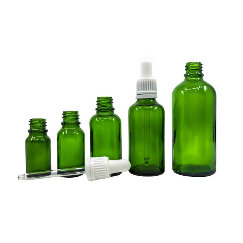 Skleněná lahvička, zelená, bílé kapátko, 15 ml