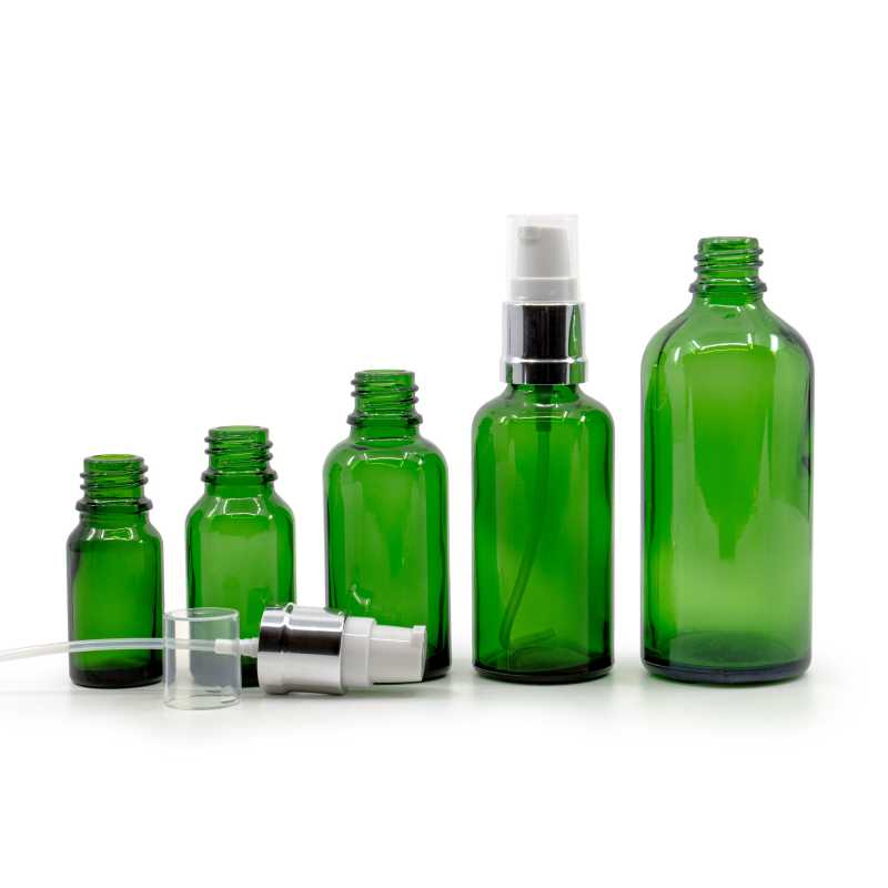 Skleněná láhev, zelená, bílo-stříbrný lesklý dávkovač, 50 ml