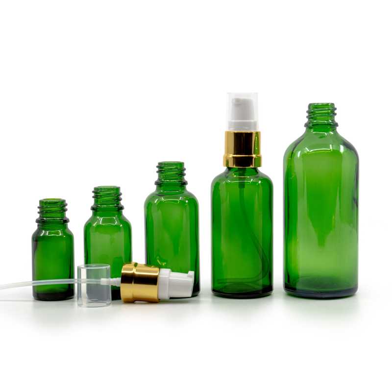 Skleněná láhev, zelená, bílo-zlatý lesklý dávkovač, 15 ml