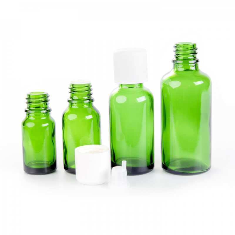 Skleněná lahvička, zelená, bílé víčko s bezpečnostním uzávěrem, 15 ml
