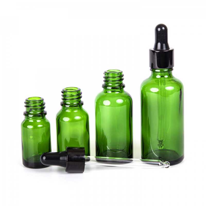 Skleněná láhev, zelená, kapátko černé lesklé, 30 ml