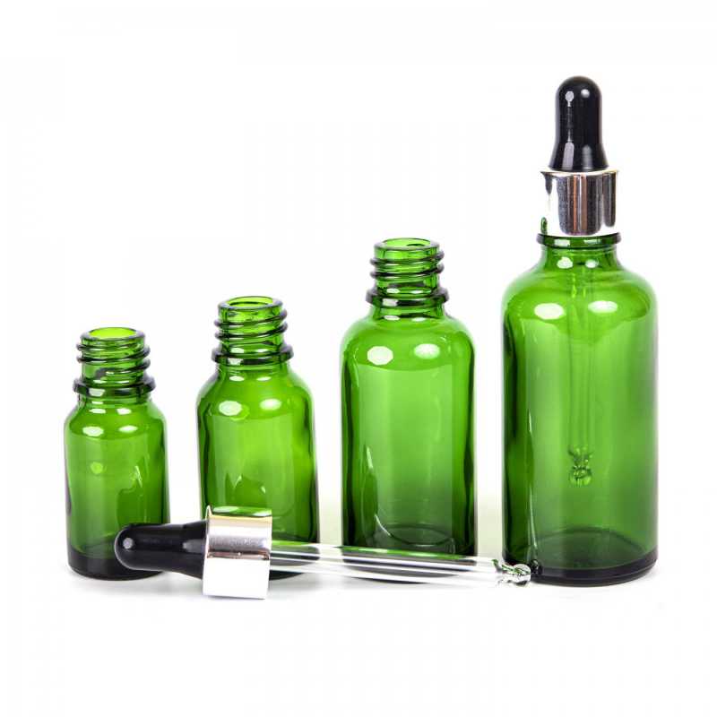 Skleněná lahvička, zelená, černostříbrné kapátko, 15 ml