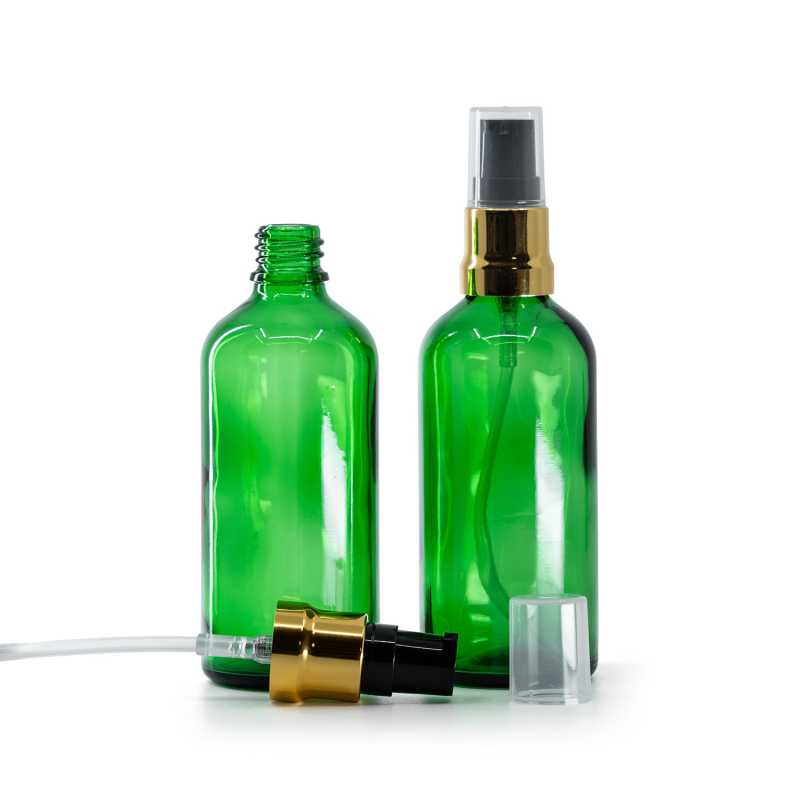 Skleněná láhev, zelená, černo-zlatý dávkovač, průhledný vrch, 100 ml