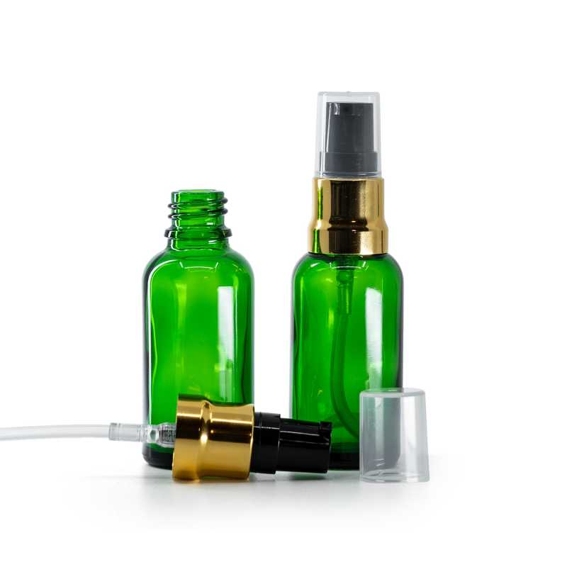 Skleněná láhev, zelená, černo-zlatý dávkovač, průhledný vrch, 30 ml