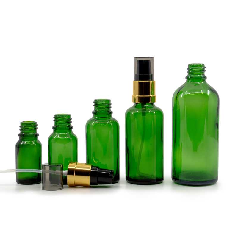 Skleněná láhev, zelená, černo-zlatý lesklý dávkovač, 15 ml