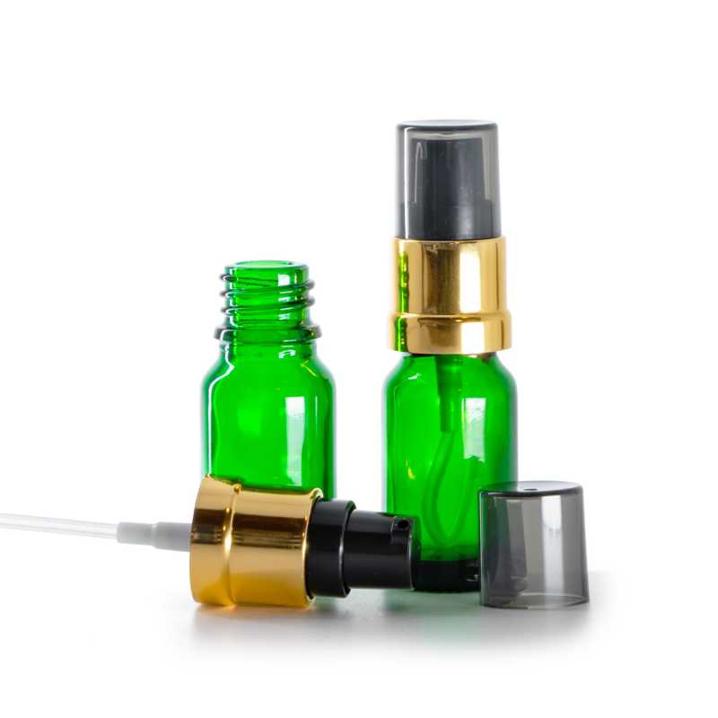Skleněná lahvička, zelená, černo-zlatý lesklý dávkovač s dýmovým krytem, 10 ml