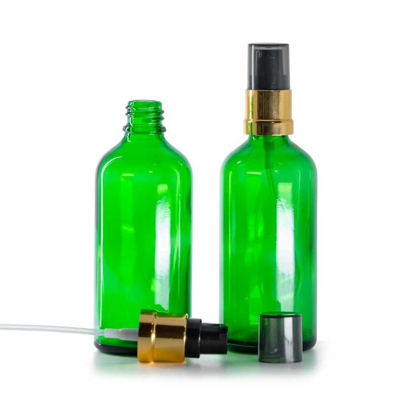 Skleněná lahvička, zelená, černo-zlatý lesklý dávkovač s dýmovým krytem, 100 ml