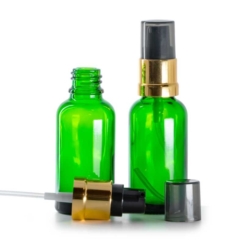 Skleněná lahvička, zelená, černo-zlatý lesklý dávkovač s dýmovým krytem, 30 ml