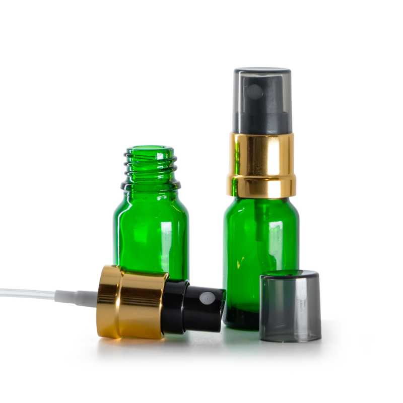 Skleněná lahvička zelená, černo-zlatý rozprašovač, dýmový kryt, 10 ml