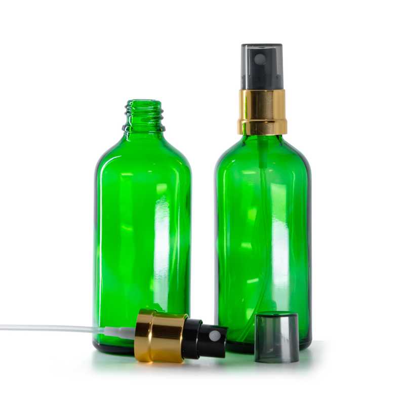 Skleněná lahvička zelená, černo-zlatý rozprašovač, dýmový kryt, 100 ml