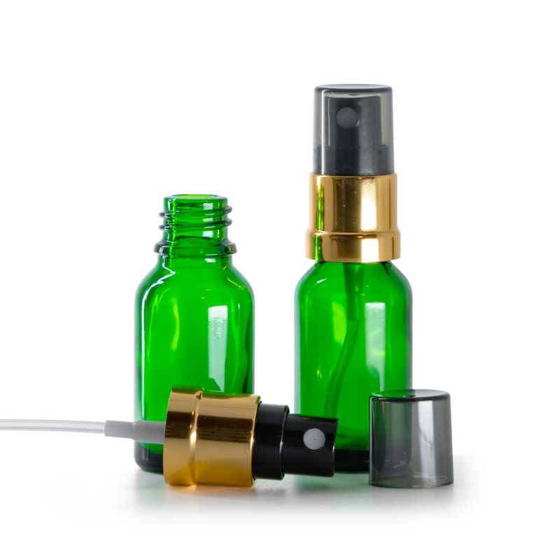 Zelená skleněná lahvička, černo-zlatý rozprašovač s kouřovým vrškem, 15 ml