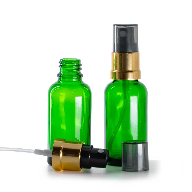 Zelená skleněná lahvička, černo-zlatý rozprašovač s kouřovým vrškem, 30 ml