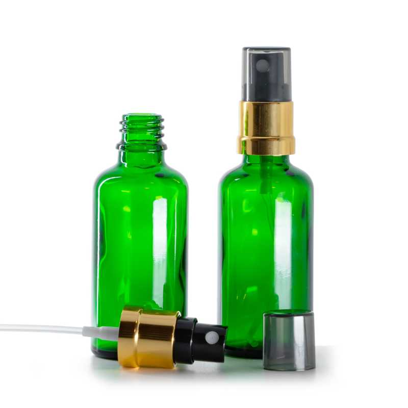 Skleněná lahvička, zelená, černo-zlatý rozprašovač, dýmový kryt, 50 ml