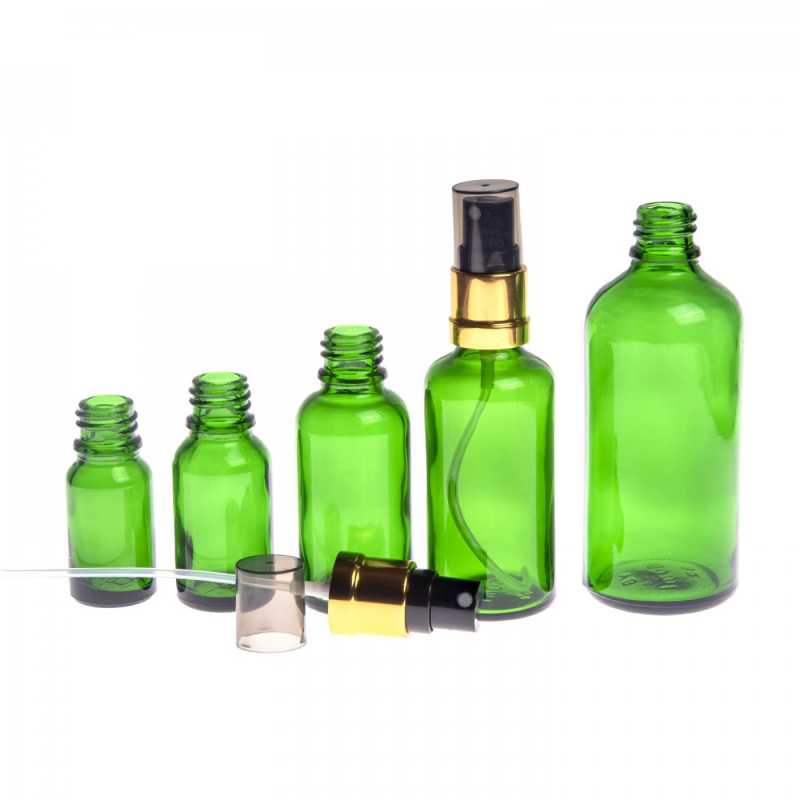 Skleněná lahvička, zelená, černo-zlatý sprej, kouřový vršek, 30 ml
