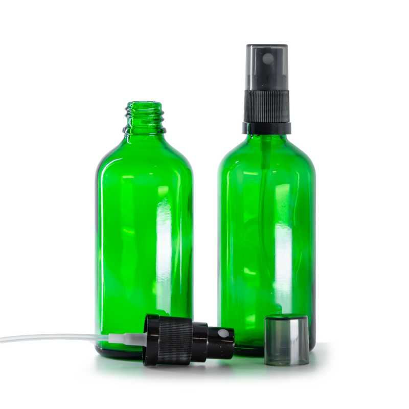 Skleněná lahvička, zelená, černý rozprašovač, dýmový kryt, 100 ml