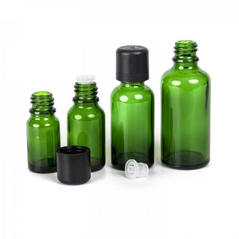 Skleněná láhev, zelená, černé víčko s bezpečnostní pojistkou, 30 ml