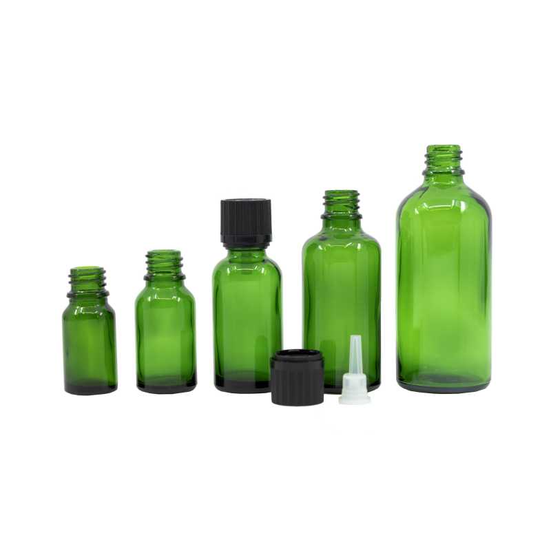 Skleněná láhev, zelená, černé vroubkované víčko s bezpečnostním zámkem, 30 ml