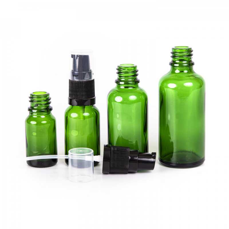 Skleněná láhev, zelená, dávkovač krémů, 15 ml