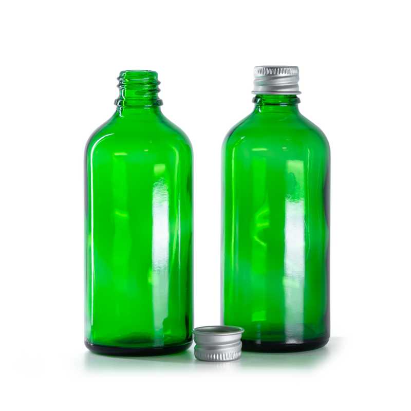 Skleněná lahvička, zelená, hliníkové víčko, 100 ml